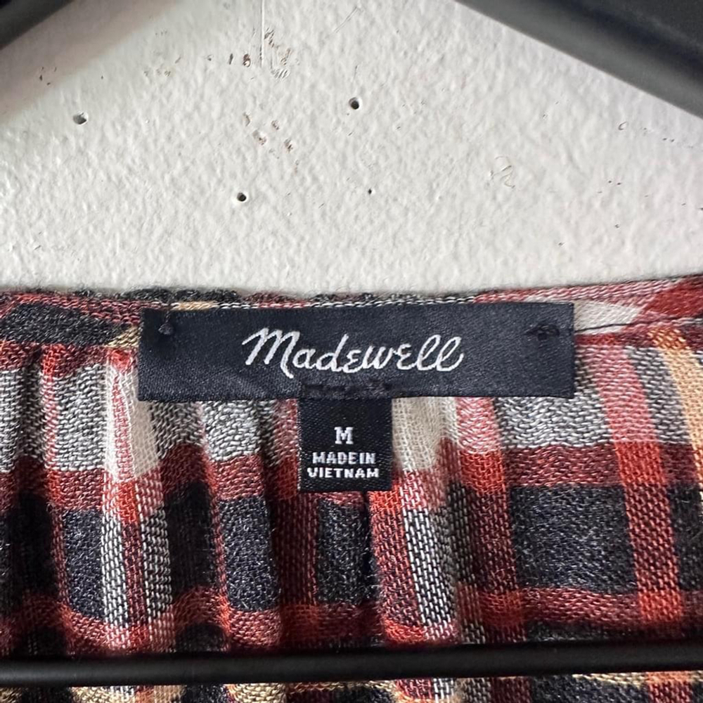 Madewell Ruffle Cuff Plaid Button Blouse Brown Rust Black Size M - Picture 7 of 9